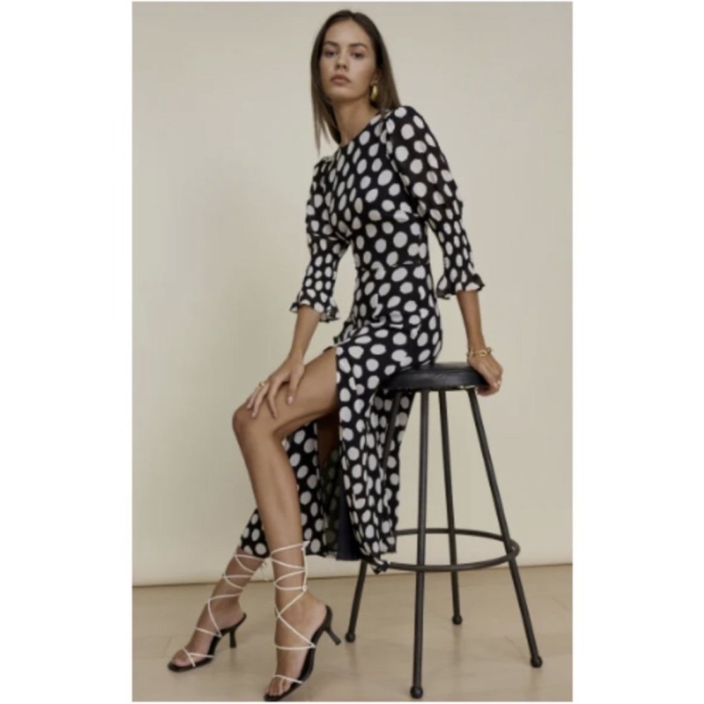 NWOT Reformation Black and White Asymmetrical Polka Dot Dress (Size 6)